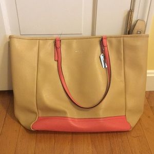Large tan and pink coach tote